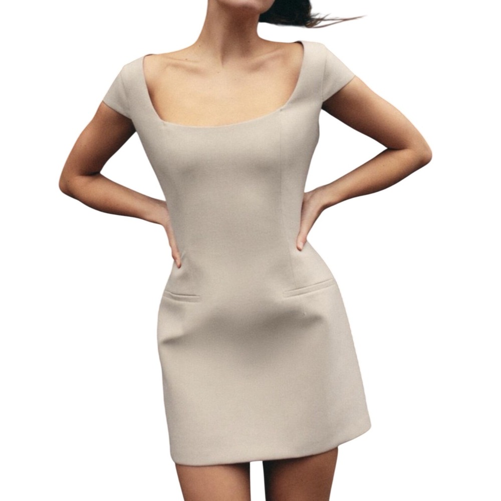 Zara Womens Square Neck Cap Sleeve Mini Dress Stone Beige Tailored XS